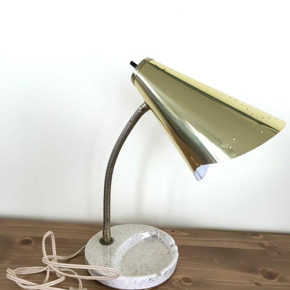 Brass Bullet Lamp with Ceramic Ashtray Base Vintage MCM Gooseneck Lamp - Picture 1 of 13